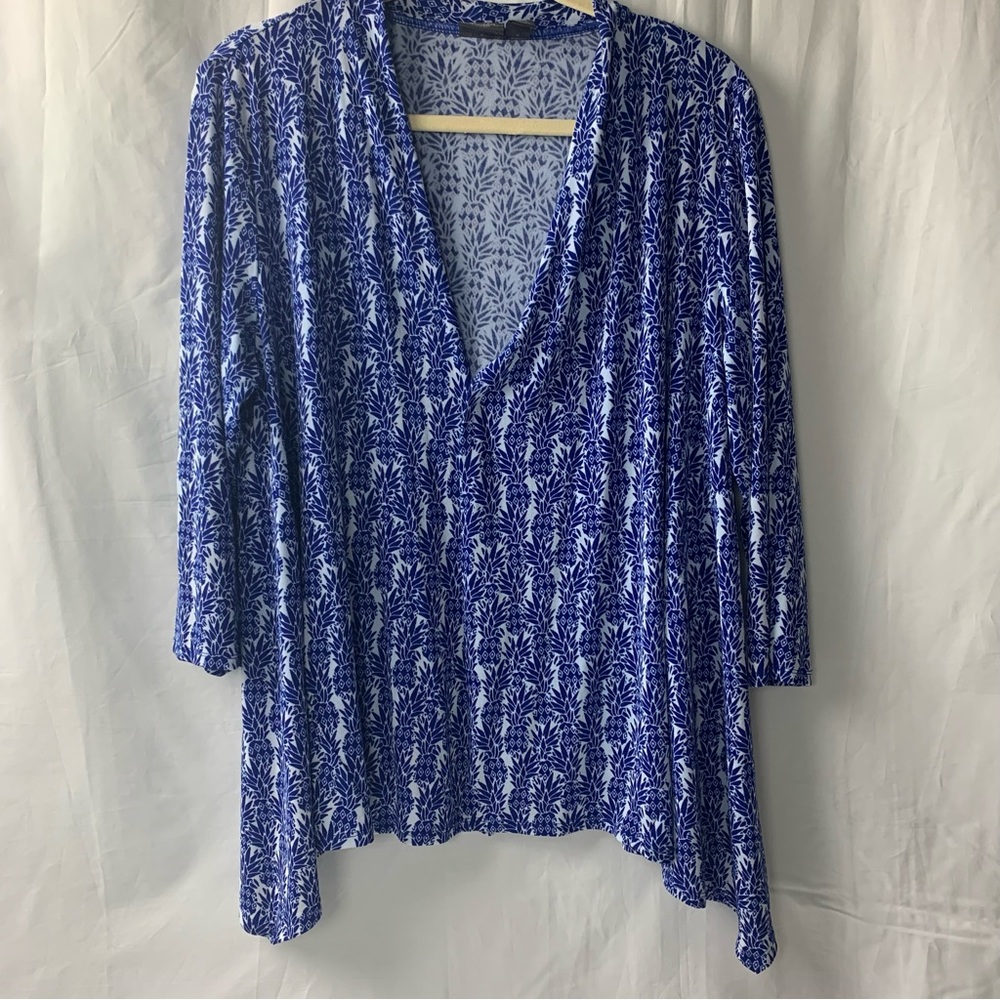 Chico's Travelers Women’s Open Front Cardigan Blue White Pineapple SZ 2 (L - 12)